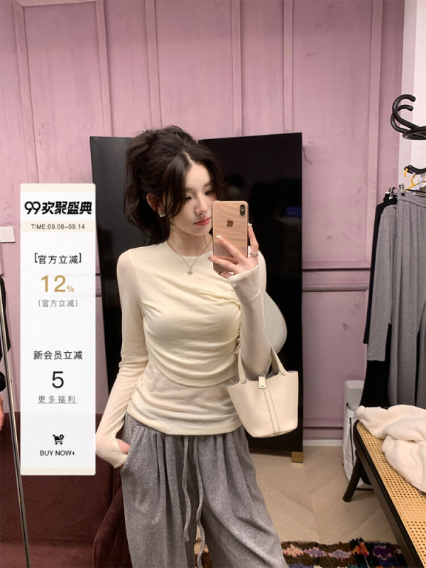 alex stevens双层皱褶羊毛针织打底衫女春秋修身显瘦内搭t恤上衣|undefined