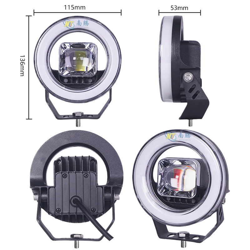 Motocicleta eléctrica LED faro con ojo de ángel de dos colores pequeño cañón de acero faro redondo hueco frente impermeable