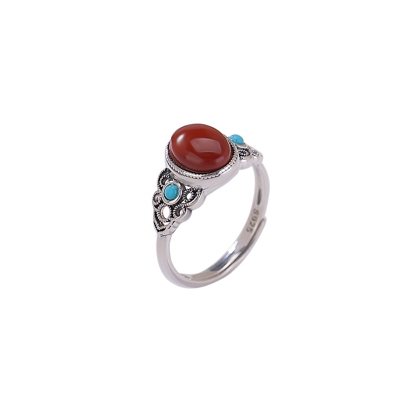 Nhẫn bạc S925 đính đá cabochon hình học phong cách vintage retro — một mảnh