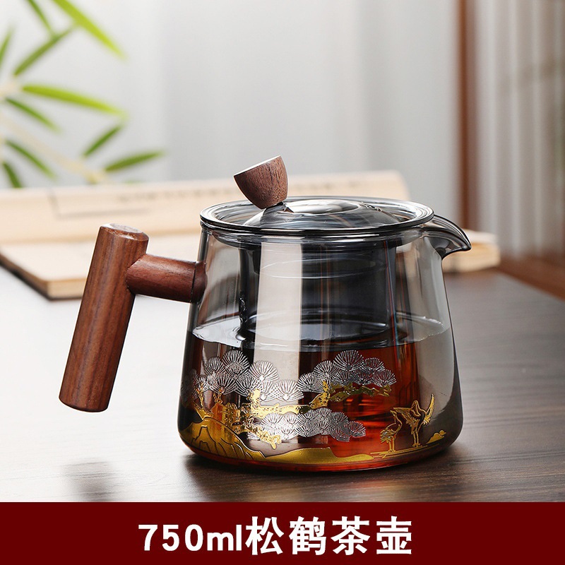 Tetera de vidrio hogar tetera de separación de té juego de té de vidrio resistente a altas temperaturas de vidrio ahumado gris mango de madera tetera