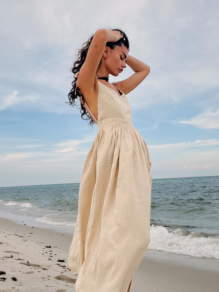 Đầm hai dây cổ chữ V hở lưng buộc dây dáng dài nữ — Màu cà phê, Màu hồng, Màu mơ, Màu trắng chi tiết 26