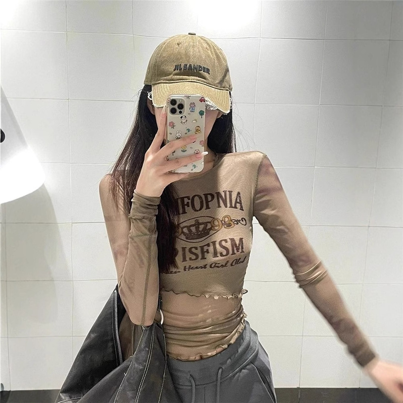 Ariseism American Style Retro Spice Girl Mesh Long-sleeved T-shirt Women's Spring and Autumn New Tight Top Inner Base Shirt