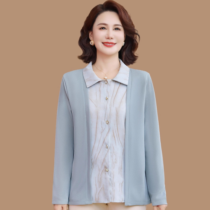 中年妈妈秋装长袖打底衫套装贵夫人上衣中老年春秋季假两件T恤女|undefined