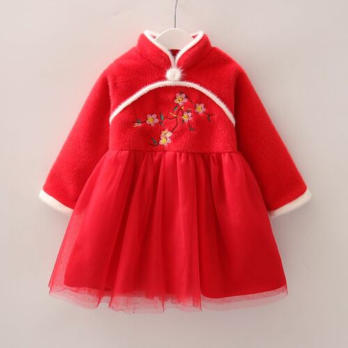 Girls' cheongsam dress winter new style one-year-old baby's Western-style Tang suit plus velvet New Year's greetings suit for children Chinese style Hanfu