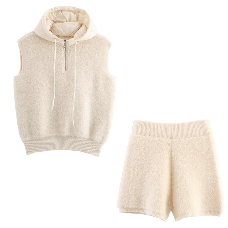 Bsk&Traf Women's Clothing 2025 Autumn New Towel Knit Patchwork Half-Zip Hooded Vest Shorts Set