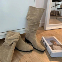 騎士靴女時尚復古絨面粗跟尖頭高筒靴棕色褶皺堆堆歐美長靴鞋子