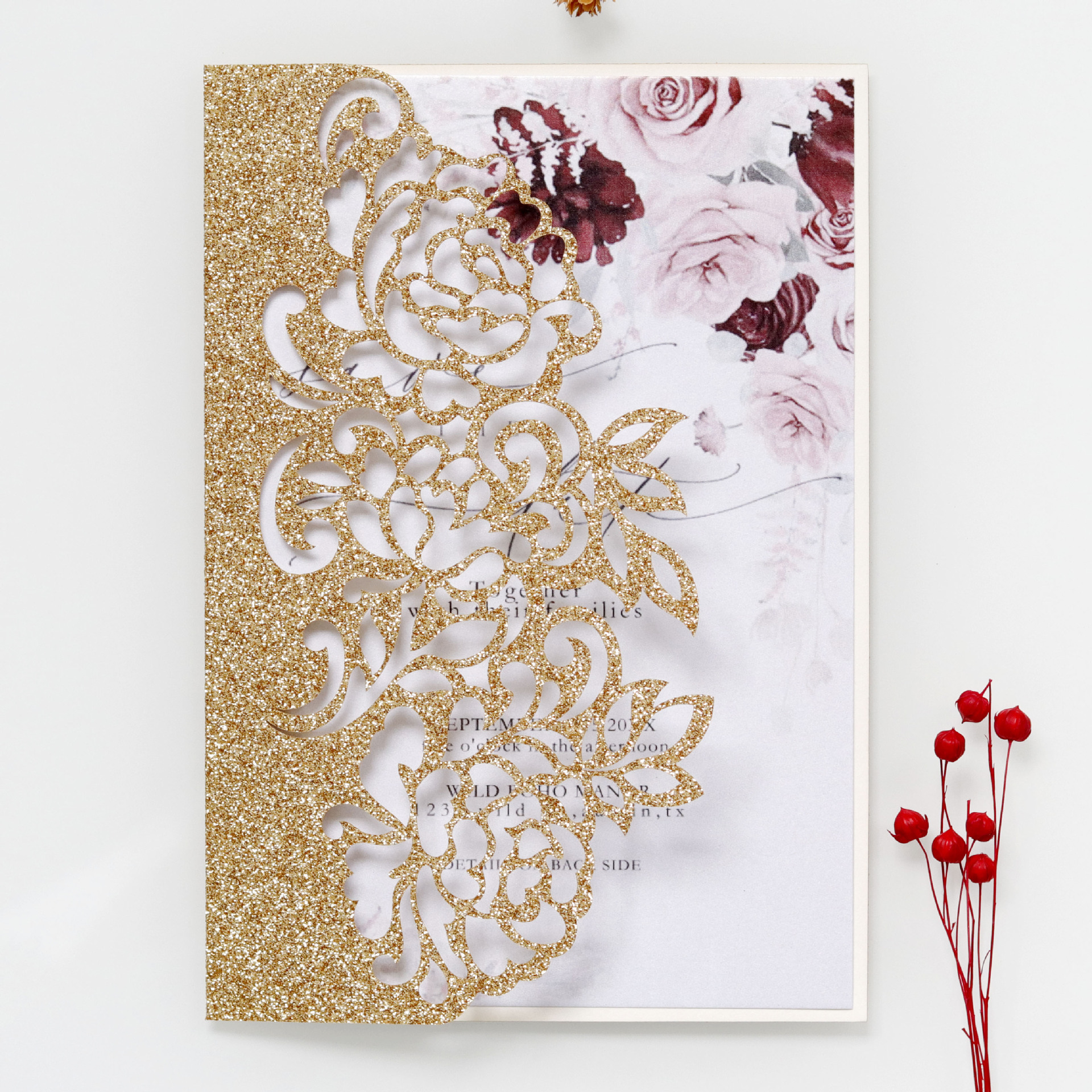 (Cross-border trading), fuchsia glitter powder, postcard for St. Valentine's Day, cards, roses