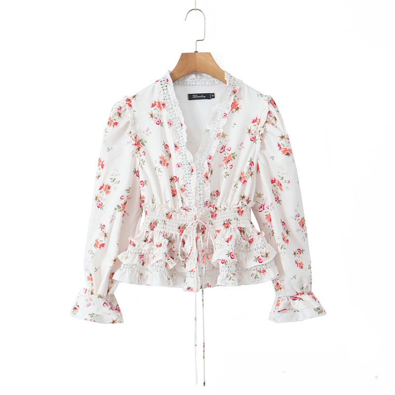 Spring and Summer 2024 New French V-neck Chic Lace Stitching Small Top Sweet Printed Micro Long Sleeve Shirt