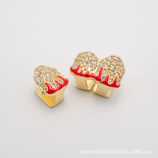 2024 New Single and Double Full Zirconium Gold Teeth Hip Hop Electroplated Red Flame Pattern Full Diamond Fashion Bracket Teeth Accessories
