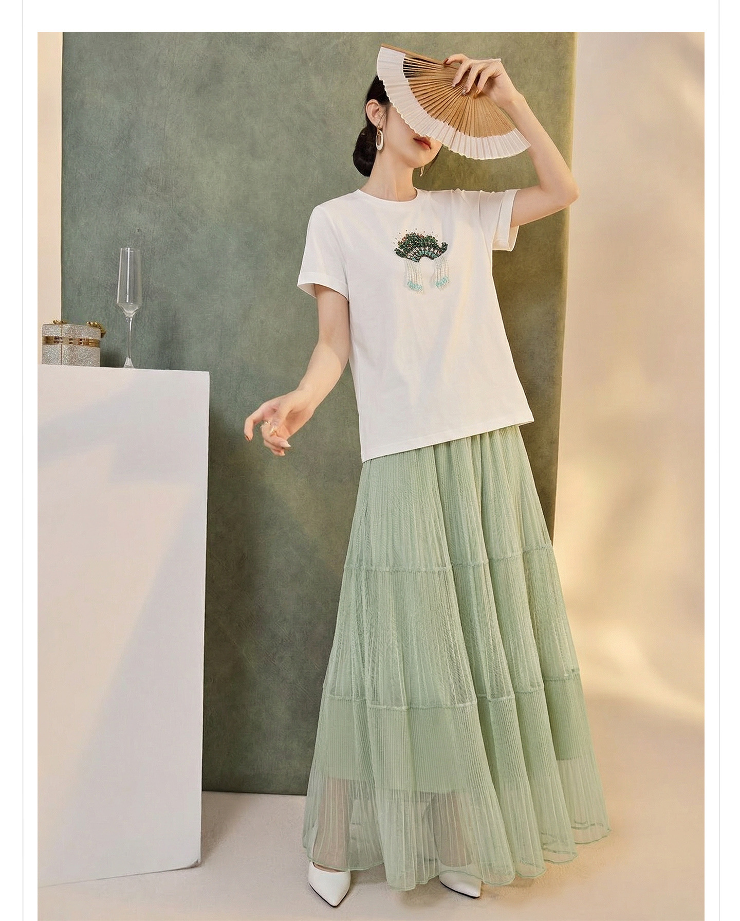 Áo thun tay ngắn thêu phượng mùa hè — Vương miện phượng trắng/xanh chi tiết 12