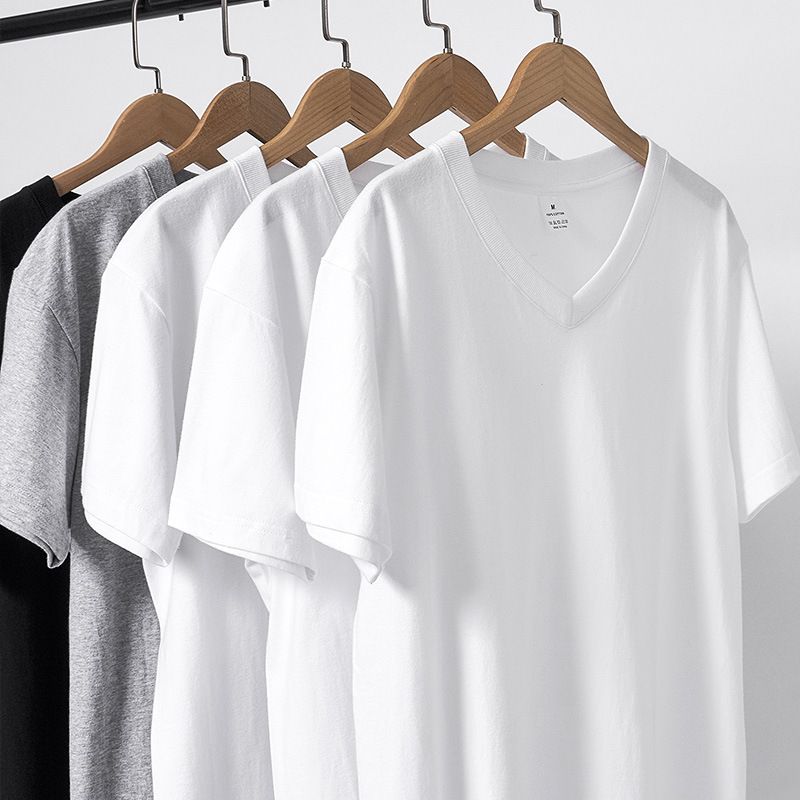 210g Cotton V-neck Short Sleeve T-shirt Summer Loose Chicken Heart Collar White Trendy T-shirt for Men and Women with Solid Color Half Sleeve