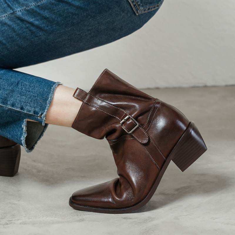 老钱风水洗头层牛皮侧拉链切尔西靴2025粗中跟通勤方头真皮短靴女