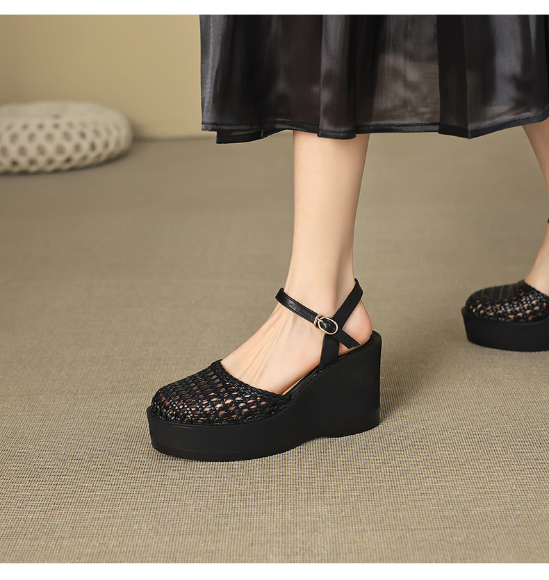 Sandal nữ da thật bít mũi đế xuồng cao gót 9 cm phong cách La Mã đan lưới — màu đen, màu trắng ngà chi tiết 9