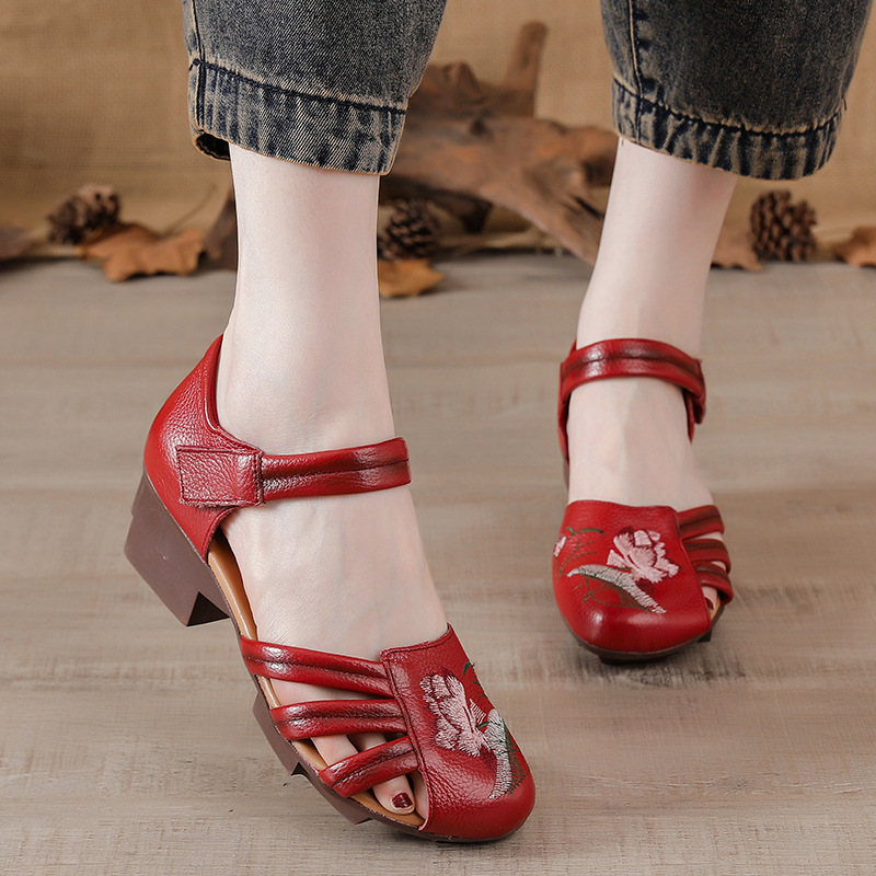 First Layer Cowhide High Heel Vintage Ethnic Style Embroidered Sandals Women's One-word Belt Summer Handmade Genuine Leather Thick Heel Mom Shoes