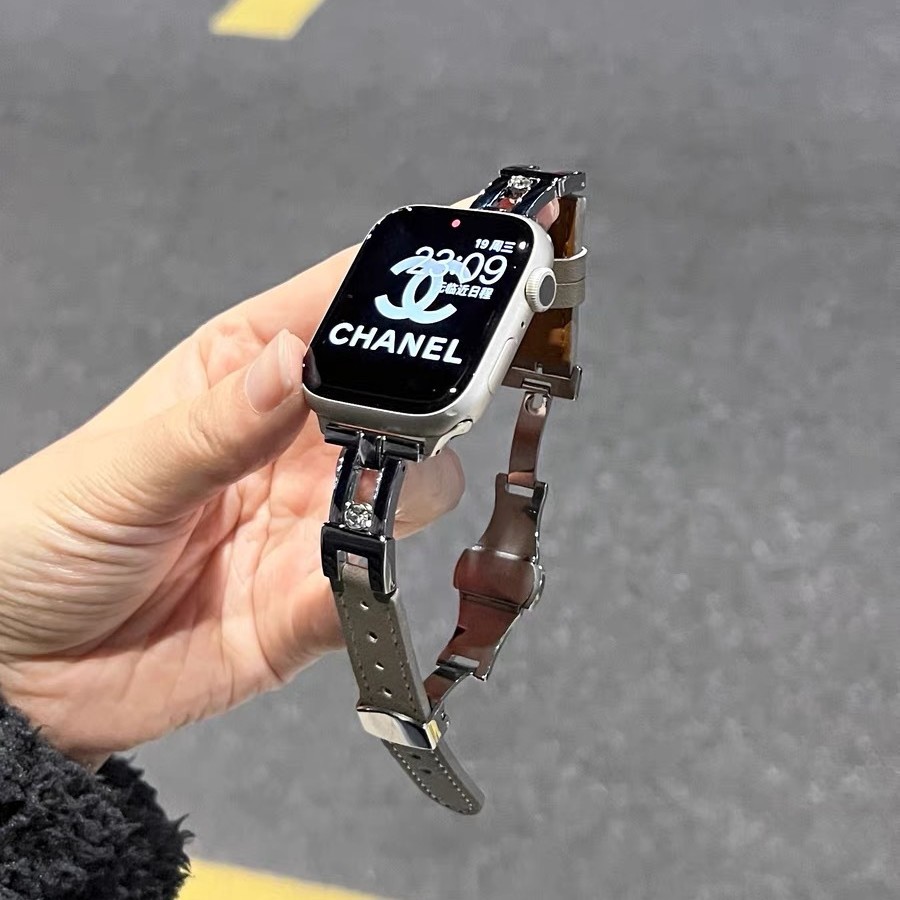 Suitable for Apple Slide Leather Butterfly Buckle Iwatchs9/10 Watch Strap Applewatch5/6/7/8 Classy