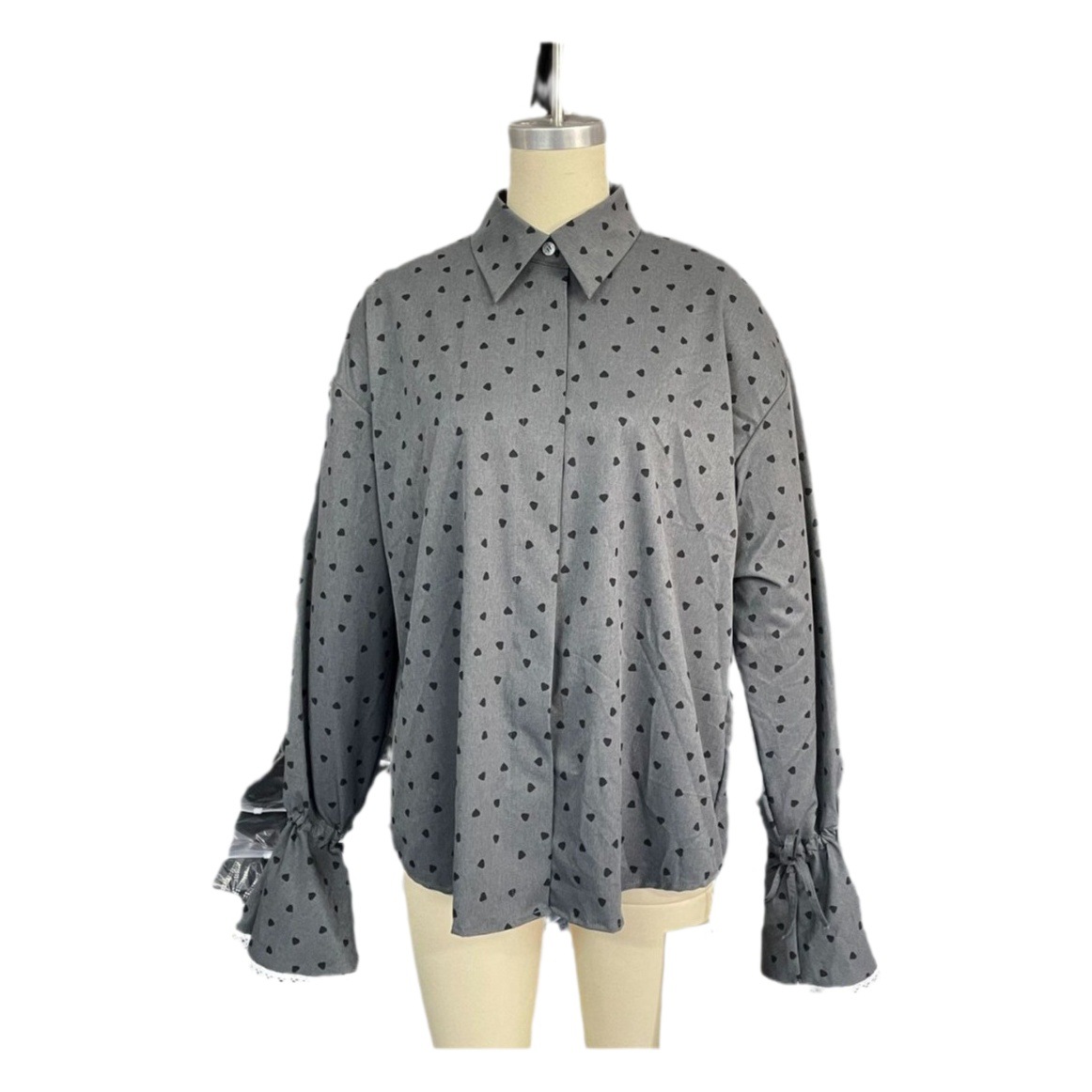 El Comercio exterior nuevo manguito de encaje costura camisa diseño de las mujeres de moda suelta Polka Dot solapa camisa de manga larga Otoño de las mujeres
