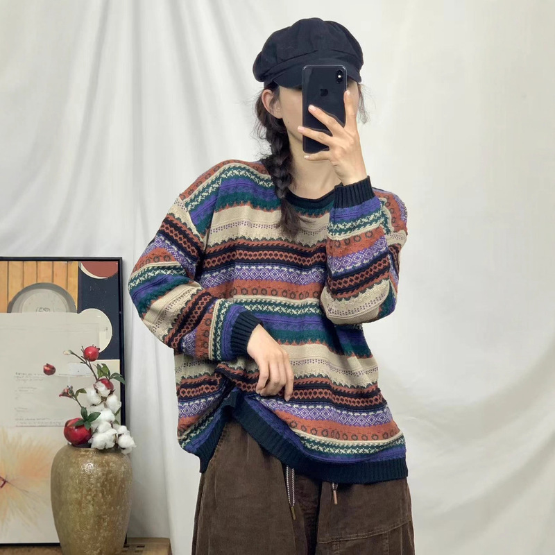 新品文艺复古宽松圆领套头百搭针织衫提花毛衣女|undefined
