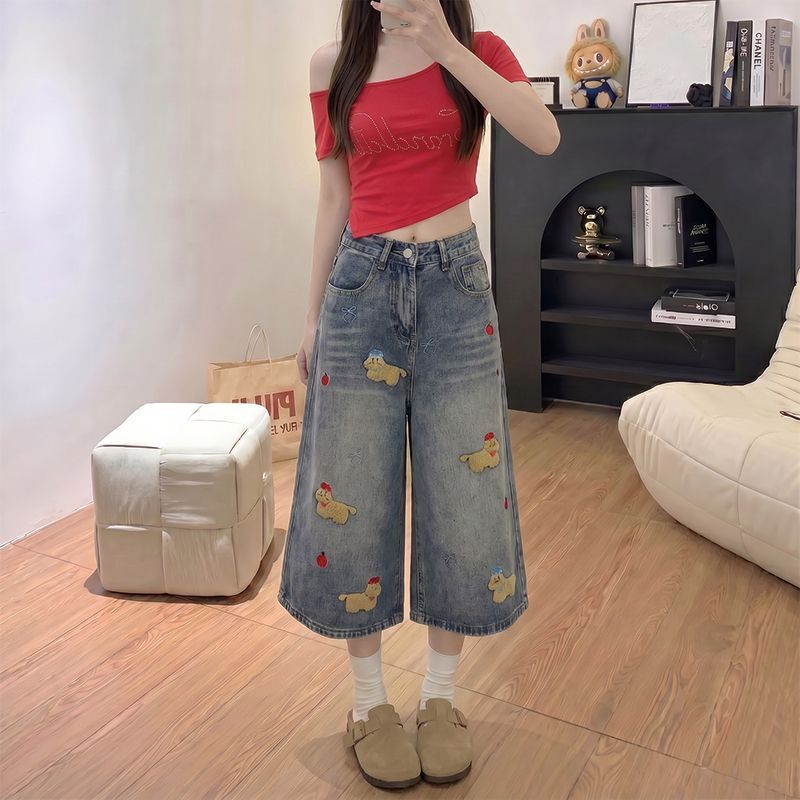 Korean-Style Retro Cartoon Embroidered Cute Puppy Denim Cropped Pants for Girls, 2026 New Summer Loose Wide-Leg Pants