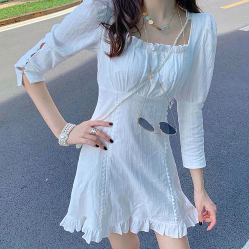 White summer dress for petite women: sweet, elegant layered look with a square neckline, fitted waist, and high-waisted design featuring ruffled edges.