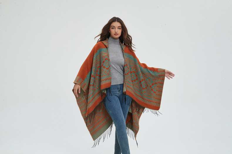 Cape à pompon unisexe Cape à capuche en jacquard de style ethnique automne-hiver_voghion.com