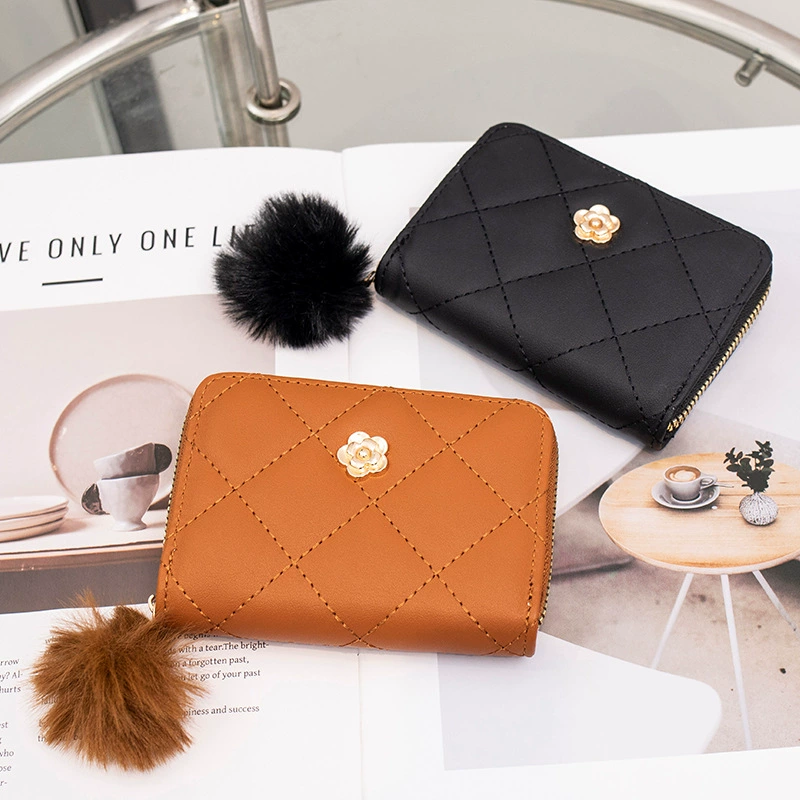 Short wallet, chain with zipper, small clutch bag with diamond pattern, Korean style