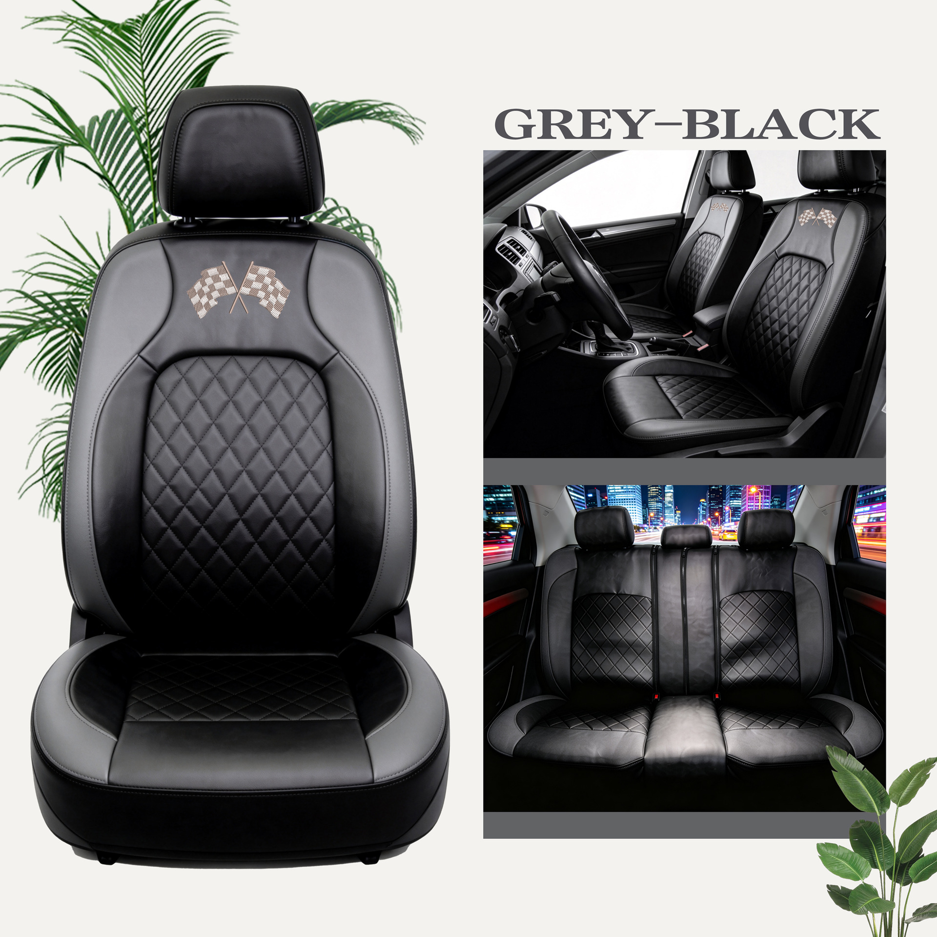 Universal seat covers from the manufacturer, leather style, suitable for all seasons, with a triangular grid pattern, sandwich construction, full coverage car seat cushion