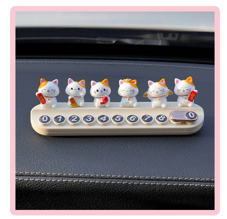Lucky Cat Car Temporary Parking Sign for Girls, Mobile Phone Number Plate for Car, Decorative Ornament