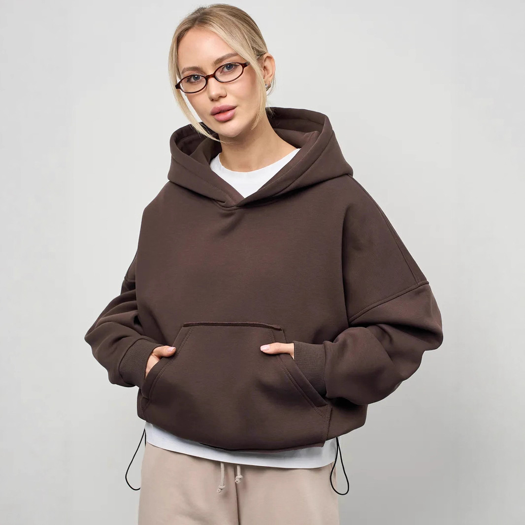 Amazon Foreign Trade European and American Women's Casual Solid Color Hoodie Waist-Cinching Long-Sleeve Cropped Pullover Pocket Sweatshirt