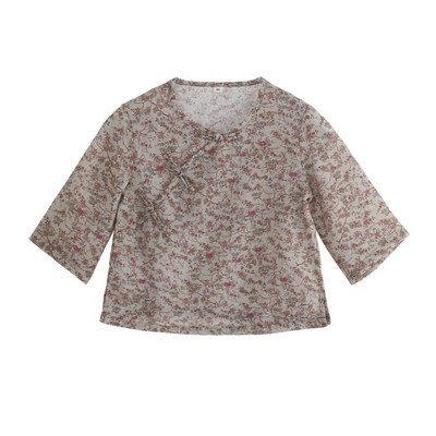 女童春夏新款儿童姐妹装洋气短款碎花小衫女宝衬衣中长袖苎麻唐装