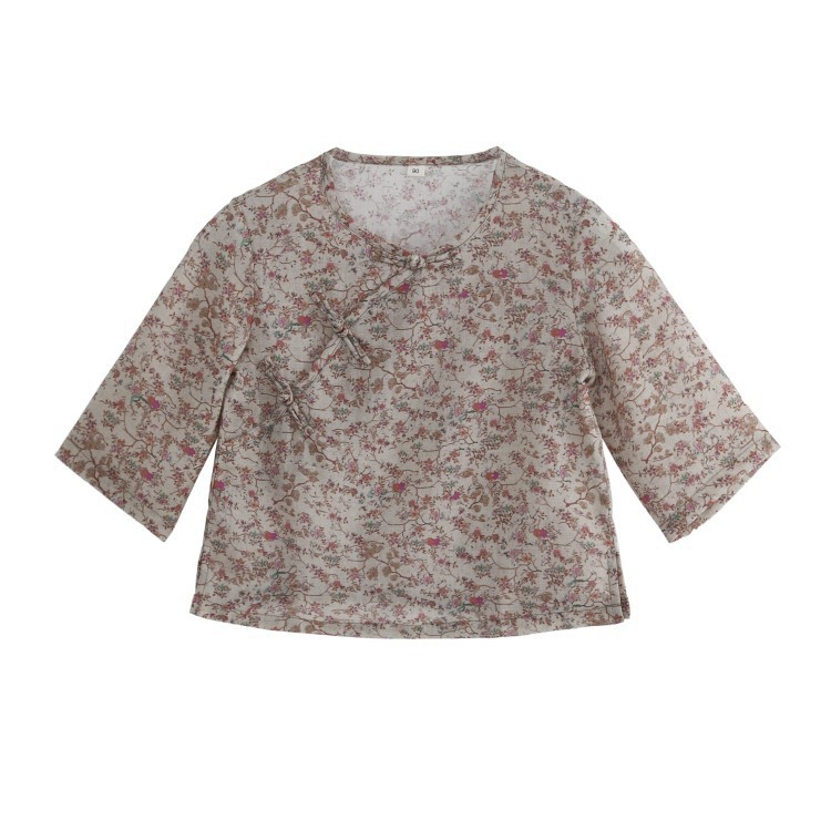 女童春夏新款儿童姐妹装洋气短款碎花小衫女宝衬衣中长袖苎麻唐装