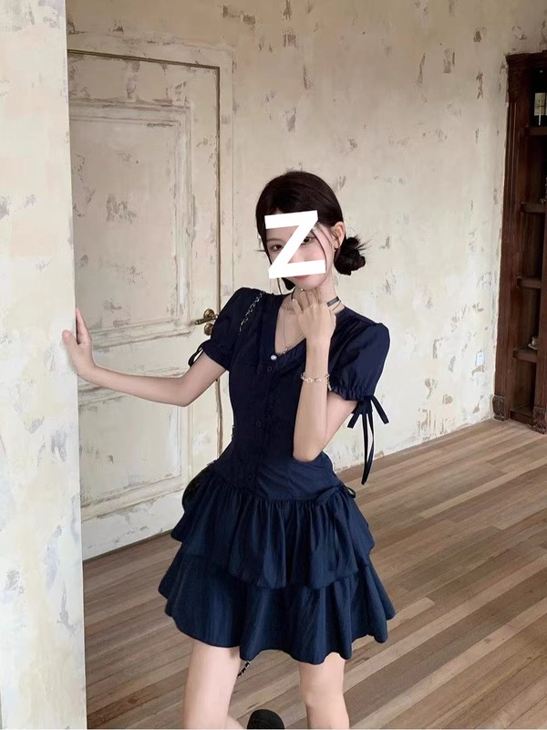 甜美风气质花边V领连衣裙女装夏季a字裙子藏蓝色蛋糕裙小个子短裙|undefined