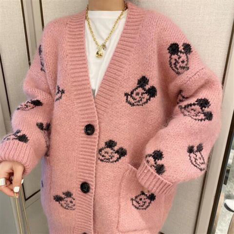 2025 Autumn New Knitted Cardigan Mickey Mouse Jacquard Mickey Knitted Cardigan Loose Lazy Style Sweater for Women