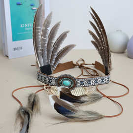批发印第安头饰羽毛发饰发带酋长帽儿童成人表演节日装扮野人头戴
