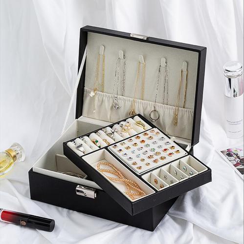 Jewelry box, double layer jewelry storage box, multifunctional earring box, jewelry storage, leather home jewelry display