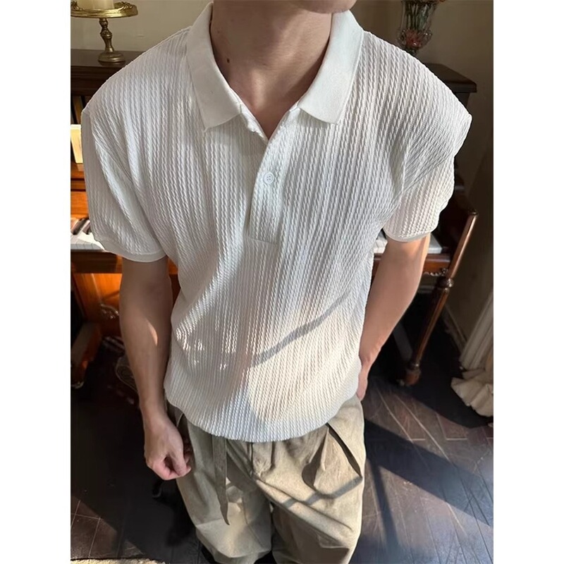 Summer New Style Vertical Stripe Embossed Henry Collar Short-Sleeve T-Shirt for Men, Old Money Style Retro Cleanfit Collared Top