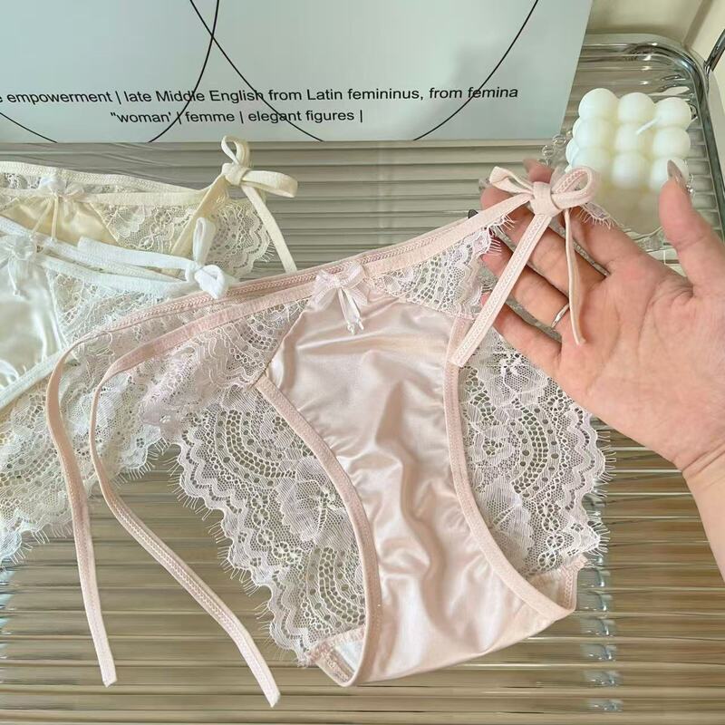 Japanese-Style Girl's Underwear Low-Waist Triangle Shorts Lace Transparent Strap Bow Cotton Crotch Satin 2025 New Model