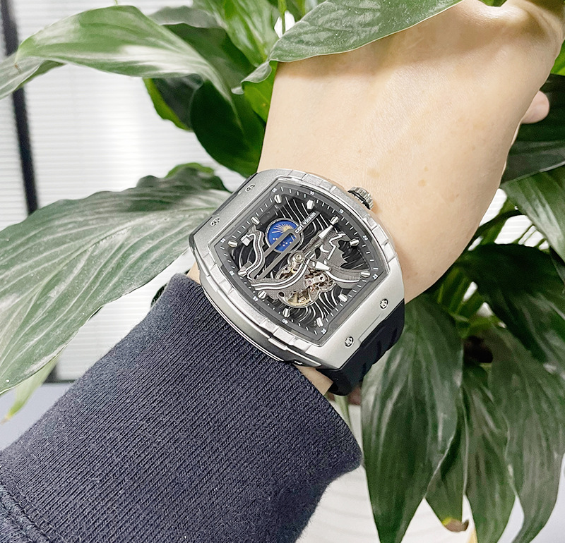 Yeni erkek mekanik saat şarap fıçısı içi boş otomatik saat gece kızdırma su geçirmez erkek saati sıcak satış silikon bant spor saat_voghion.com