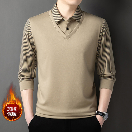 Men's Fleece Lined Two-Piece T-Shirt, Winter Thick Warm Collar T-Shirt, Base Layer Top, Striped for Middle-Aged Men, Father's Style