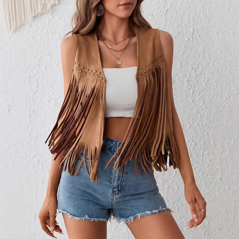Cross-Border European and American Retro Women's Clothing Tassel Vest 70S Hippie Faux Suede Studded Sleeveless Tassel Jacket Vest