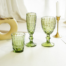 绿色红酒杯法式复古高脚玻璃杯香槟杯浮雕玻璃高脚杯高颜值酒杯