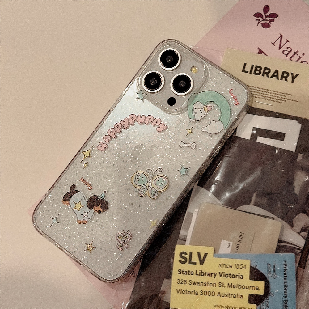 Funda con diseño de perro dachshund y mariposa estilo INS japonés y coreano para iPhone 16, funda brillante para iPhone 15, compatible con iPhone 17 Pro Max, iPhone 11.