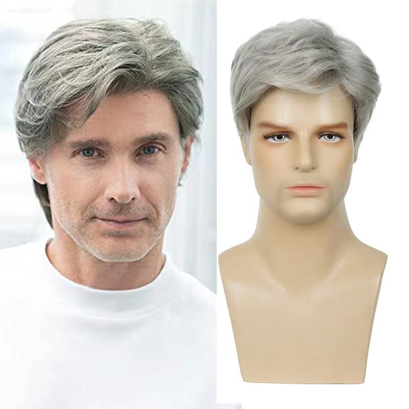 跨境欧美男士假发时尚蓬松短发奶奶灰wigs 高温丝化纤头套假发|undefined