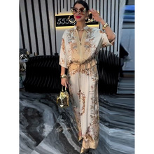 2025夏季新款欧美亚马逊时尚立体印花花朵棒球服抽绳长裤两件套