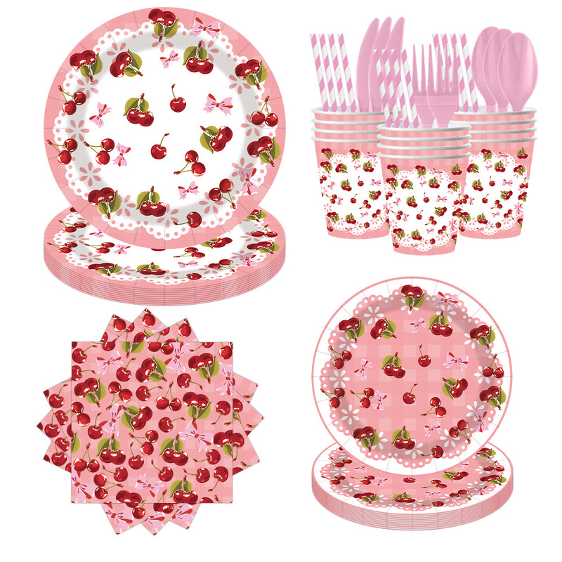 Cross-Border Cherry High-Value Birthday Party Party Decoration Supplies Disposable Paper Plates Paper Cups Paper Towels Tableware Wholesale Cross-Border Cherry High-Value Birthday Party Party Decoration Supplies Disposable Paper Plates Paper Cups Paper Towels Tableware Wholesale