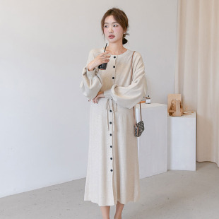 Autumn new maternity dress loose plus size round neck sweater dress elastic soft mid-length knitted cardigan dress