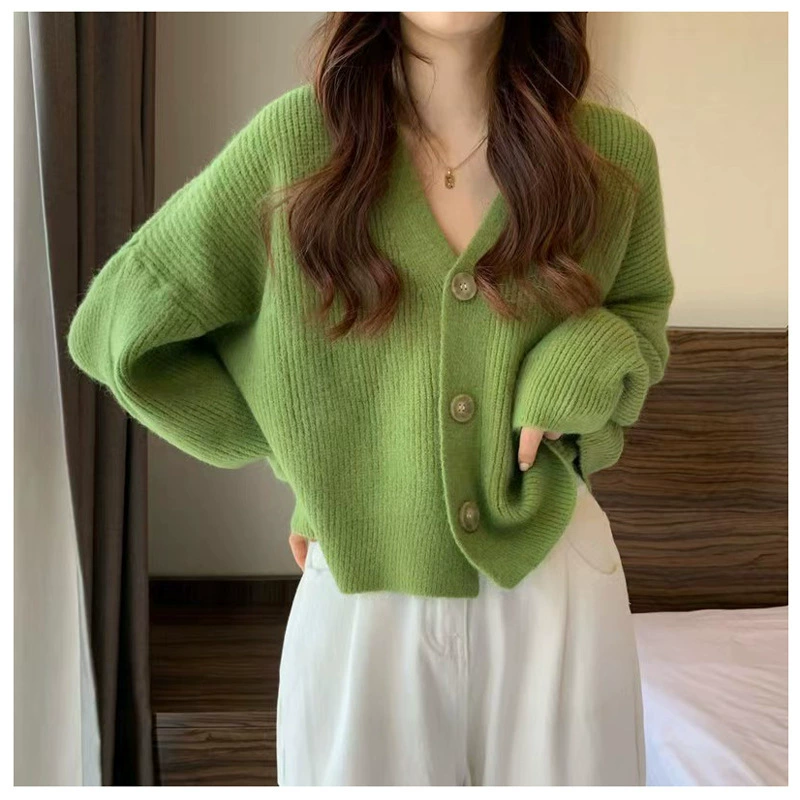 Осенний вязаный кардиган, Женский Новый Свободный Топ в ленивом стиле с длинными рукавами, женский свитер в Корейском стиле с V-образным вырезом, 2023