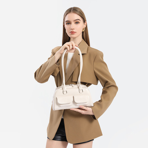 New Women's Fashion Niche Oil Waxed Leather Bowling Bag with Multiple Pockets Crossbody Bag Commute Shoulder Bag