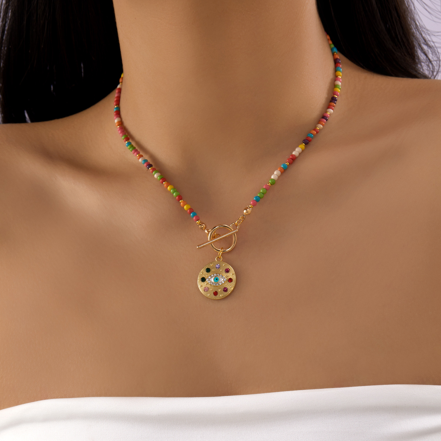 Collier transfrontalier en perles de riz pour femmes, pendentif œil de diable rond, collier tendance et polyvalent pour tous les jours (vente en gros)_voghion.com