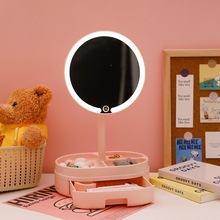 網紅LED化妝鏡公主鏡宿舍台式桌面led無線帶收納帶燈化妝鏡子跨境