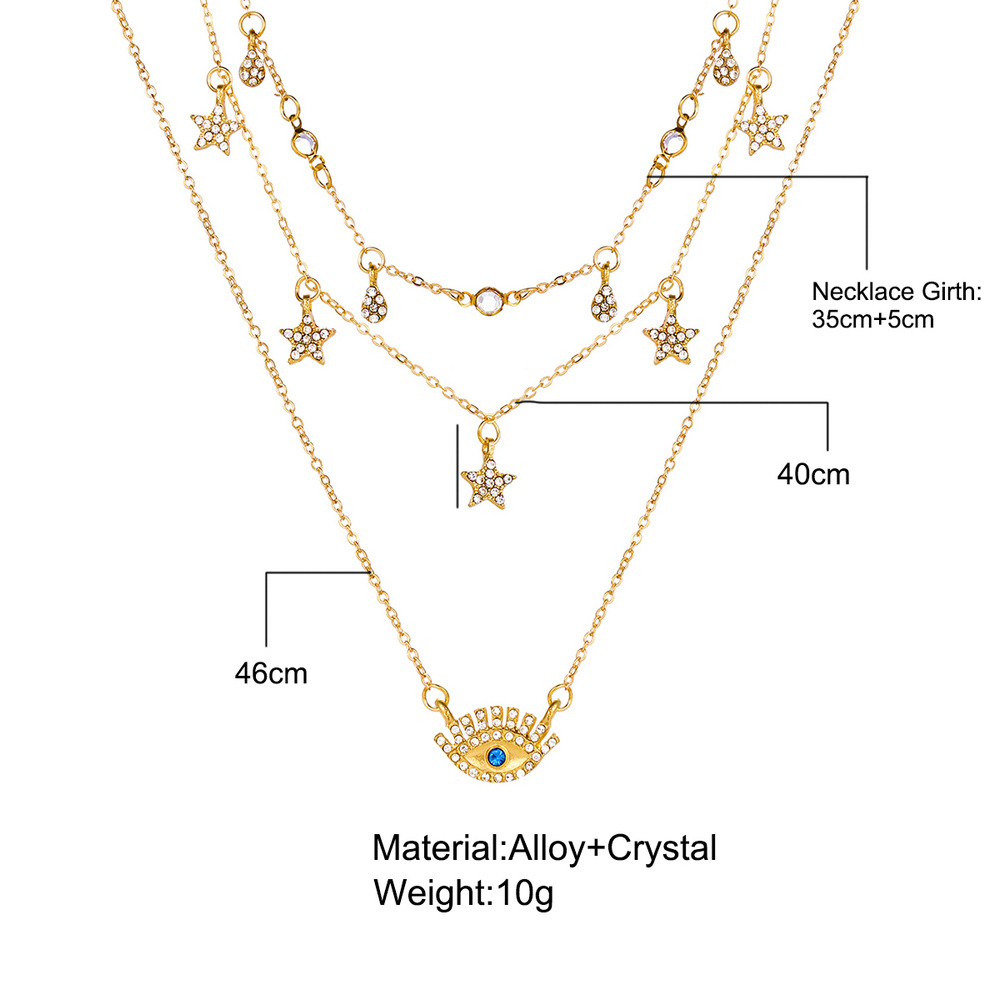 European And American Retro Water Drop Five-pointed Star Rhinestone Creative  Eyes Blue Three-layer Necklace display picture 1